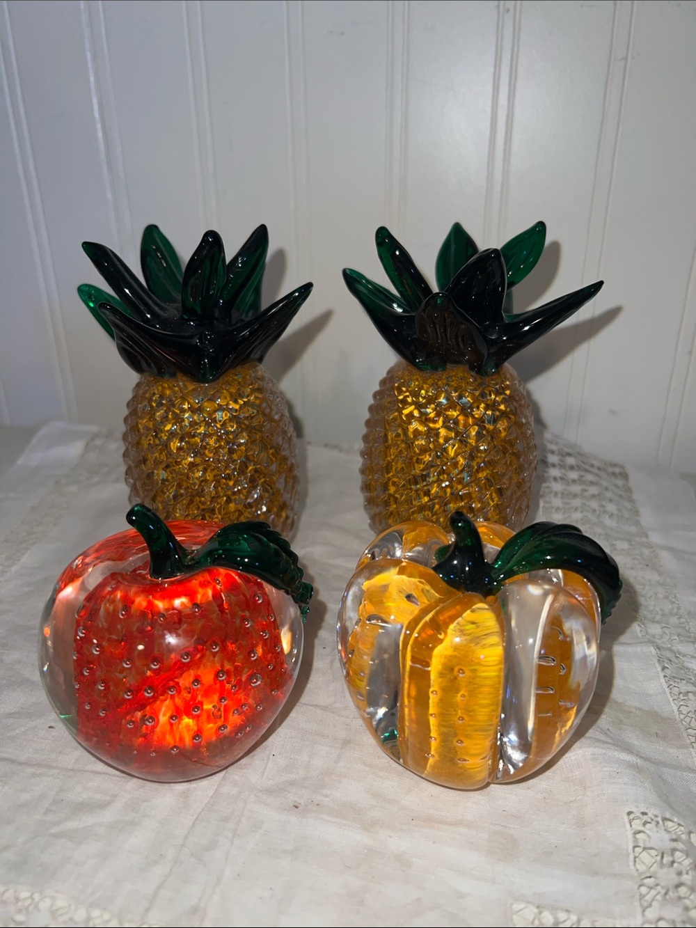 Hand blown Lenox art glass paperweights apple pumpkin pineapple